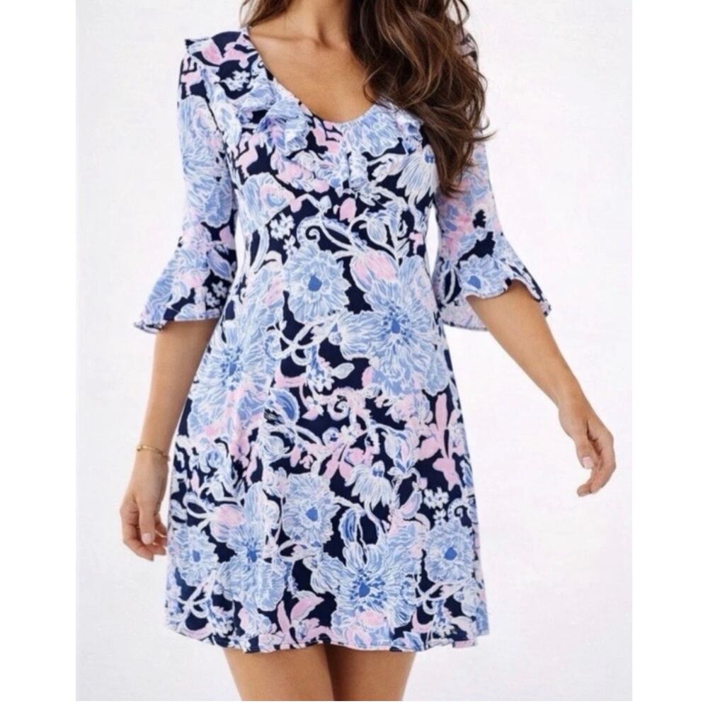 Lilly Pulitzer Stirling Dress Navy Amore Please Size Large Ruffles Blue Pink NEW